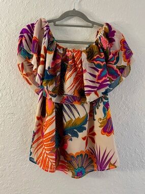 Trina Turk Cream Off-Shoulder Blouse with Multicolor Floral Print